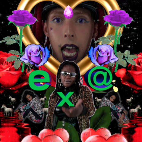 Capa representativa da videoarte com rosas, corações e cavalos à frente de um fundo preto estrelado. Na imagem, Deize Tigrona aparece centralizada, com Mun Há acima, em uma moldura de coração dourado, e biarritzzz sentada aos lados, com sua imagem espelhada.