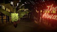 Frame da videoarte exibindo o interior de uma casa caiçara, com uma penca de bananas verdes ocupando a metade esquerda da casa e um letreiro luminoso vermelho com parte da frase "The house always wins", à direita.
