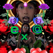 Capa representativa da videoarte com rosas, corações e cavalos à frente de um fundo preto estrelado. Na imagem, Deize Tigrona aparece centralizada, com Mun Há acima, em uma moldura de coração dourado, e biarritzzz sentada aos lados, com sua imagem espelhada.